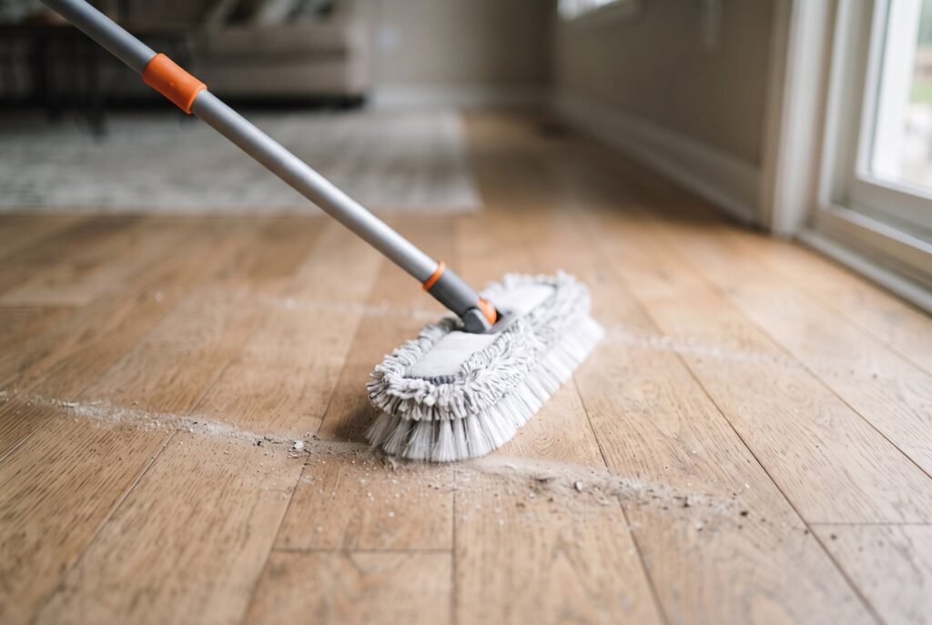 A person using a microfiber mop to clean dust and debris from engineered hardwood floor planks.