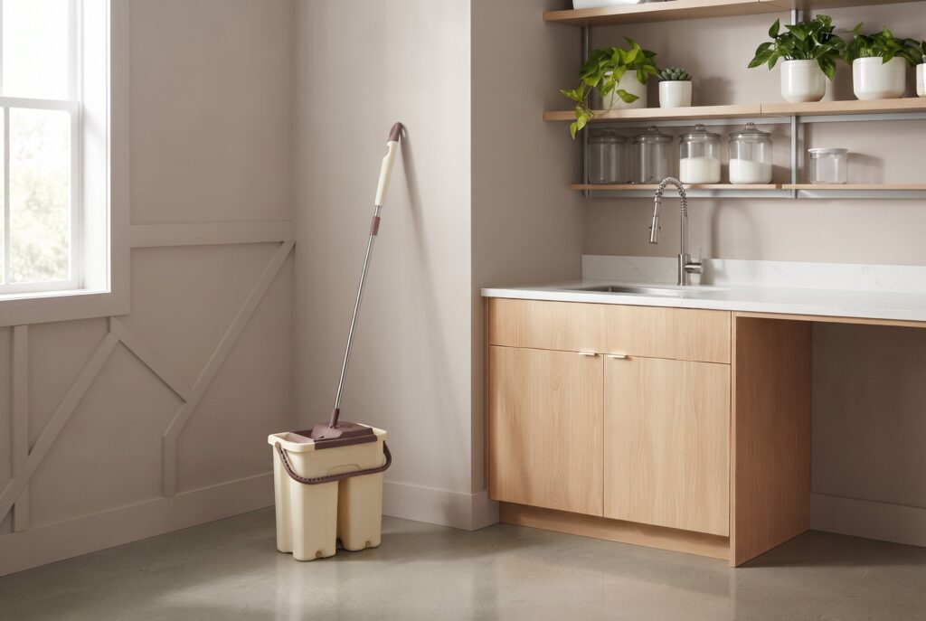 A two-bucket mop system standing in a modern kitchen corner.