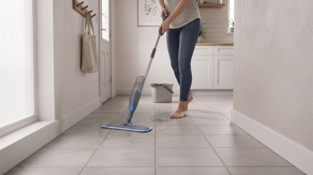 A mop leaning against a wall in a bright tiled hallway.