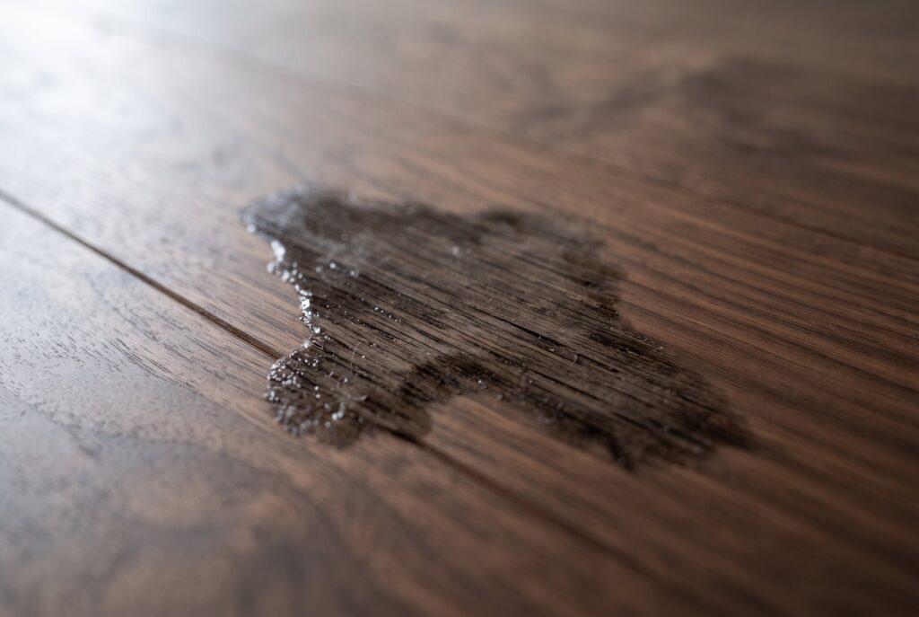 A close-up of a dark water stain on a floor surface.
