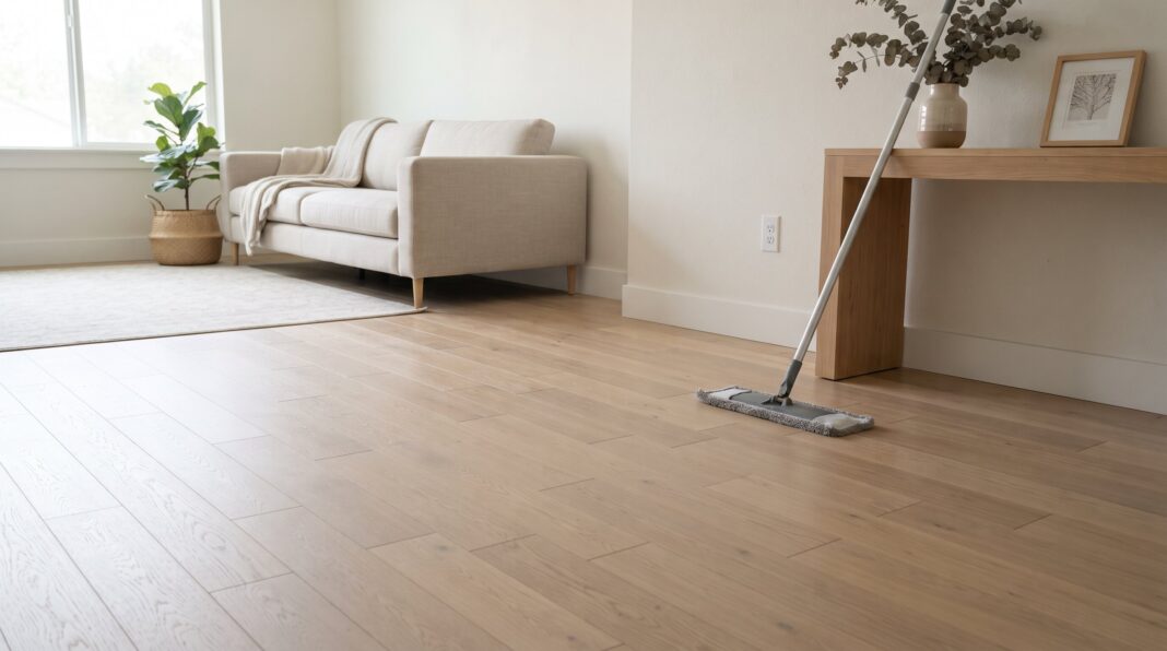 A mop cleaning light-colored engineered hardwood flooring in a bright, modern living room.