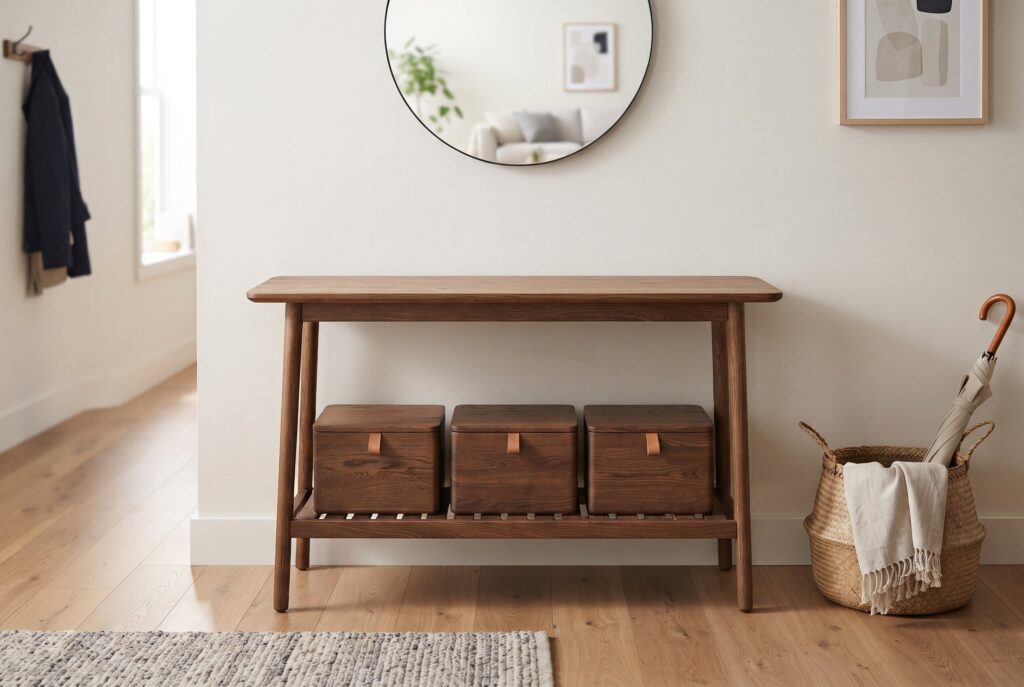 A tiered wooden console table with decorative items on top and lidded storage boxes below.