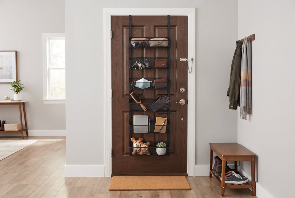 A metal over-the-door storage rack with mesh trays attached to a dark brown front door.