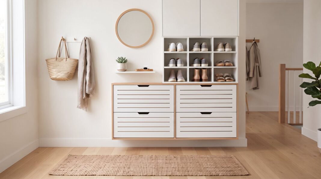 A white entryway wall unit with a mirror, shelf, cubbies, and two wall-mounted storage cabinets with slatted fronts.