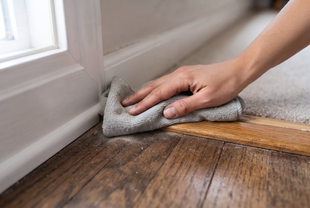A hand using a microfiber cloth to clean a tight corner near a baseboard and transition strip.