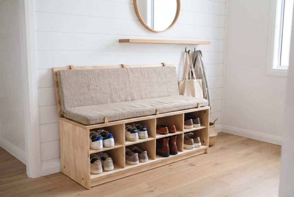 A DIY entryway bench with a cushioned seat and internal dividers, holding multiple pairs of shoes.