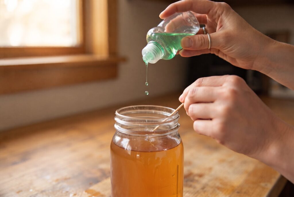 Adding a few drops of dish soap to a mason jar filled with vinegar.