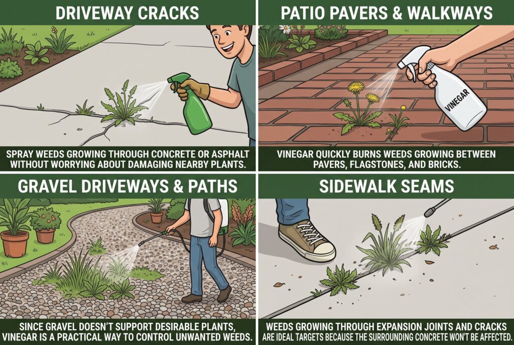 Four illustrations showing safe areas to use vinegar: driveway cracks, patio pavers, gravel paths, and sidewalk seams.