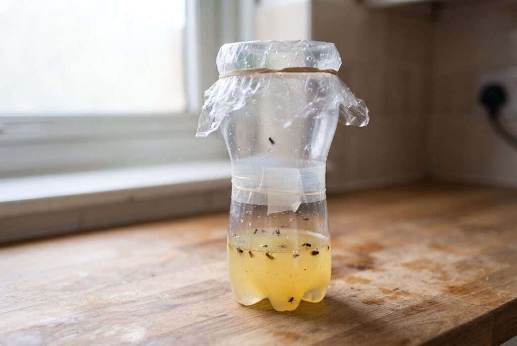 A homemade plastic bottle fly trap sits on a wooden counter with flies caught in the liquid inside.