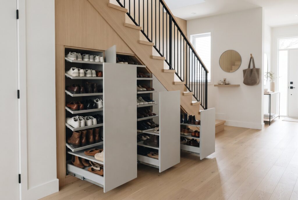Custom pull-out storage drawers for shoes built into a triangular space under stairs. 