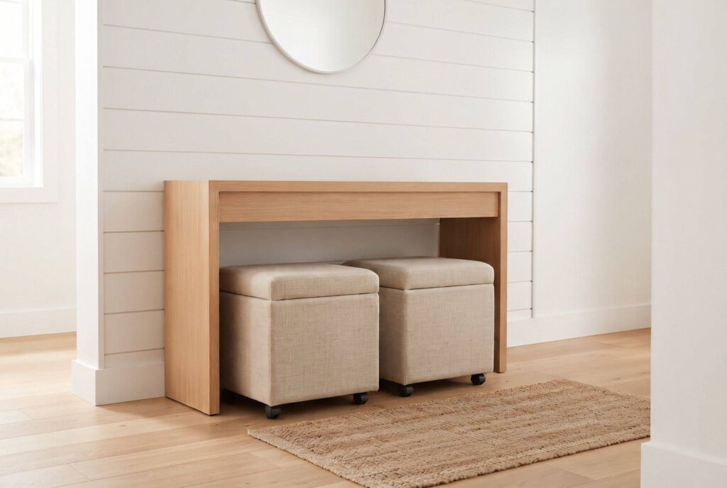 Two beige upholstered ottomans with hidden casters tucked beneath a light-wood console table.