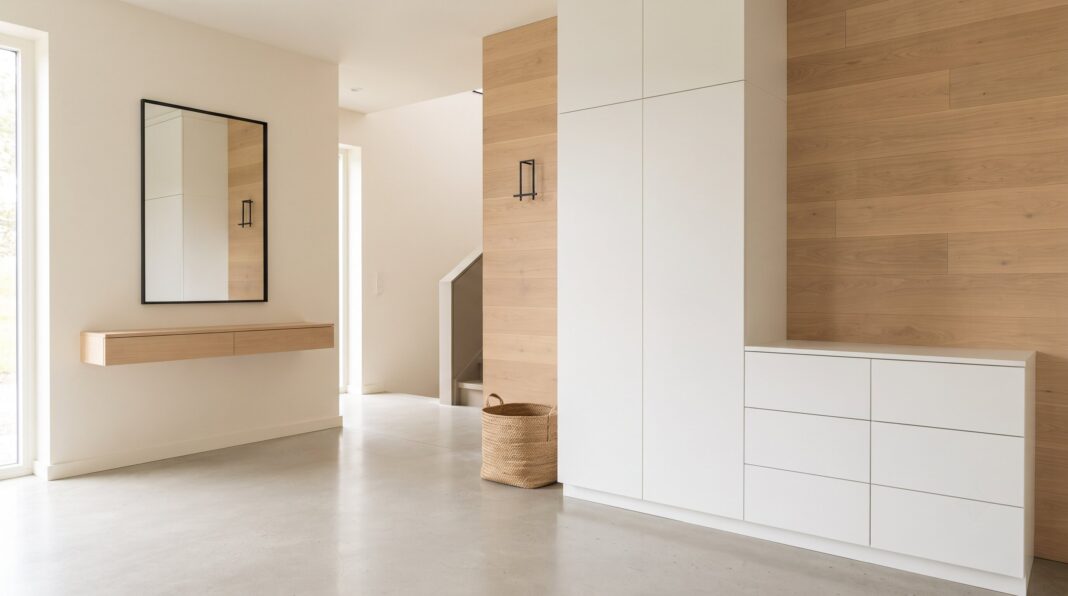 A minimalist white entryway cabinet with a mirror and wall-mounted floating shelf.