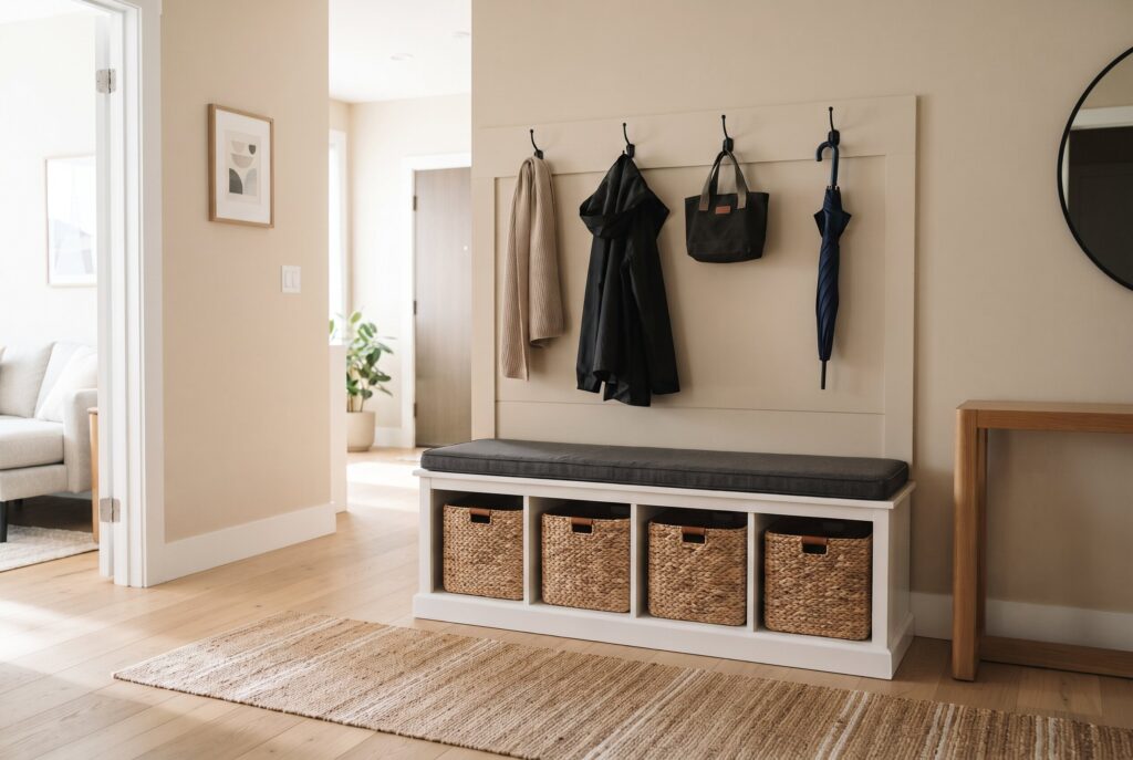 A white storage bench with cubbies and woven baskets, with hooks on the wall above. 