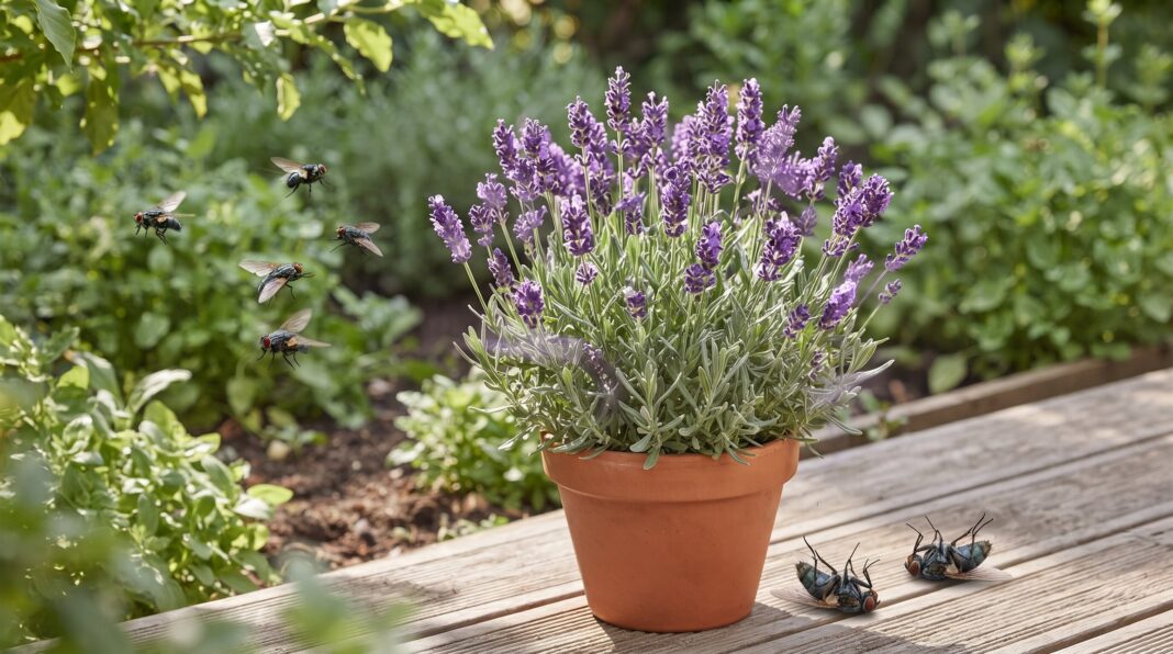 Flies buzzing around a potted lavender plant in a clay pot on a wooden deck.