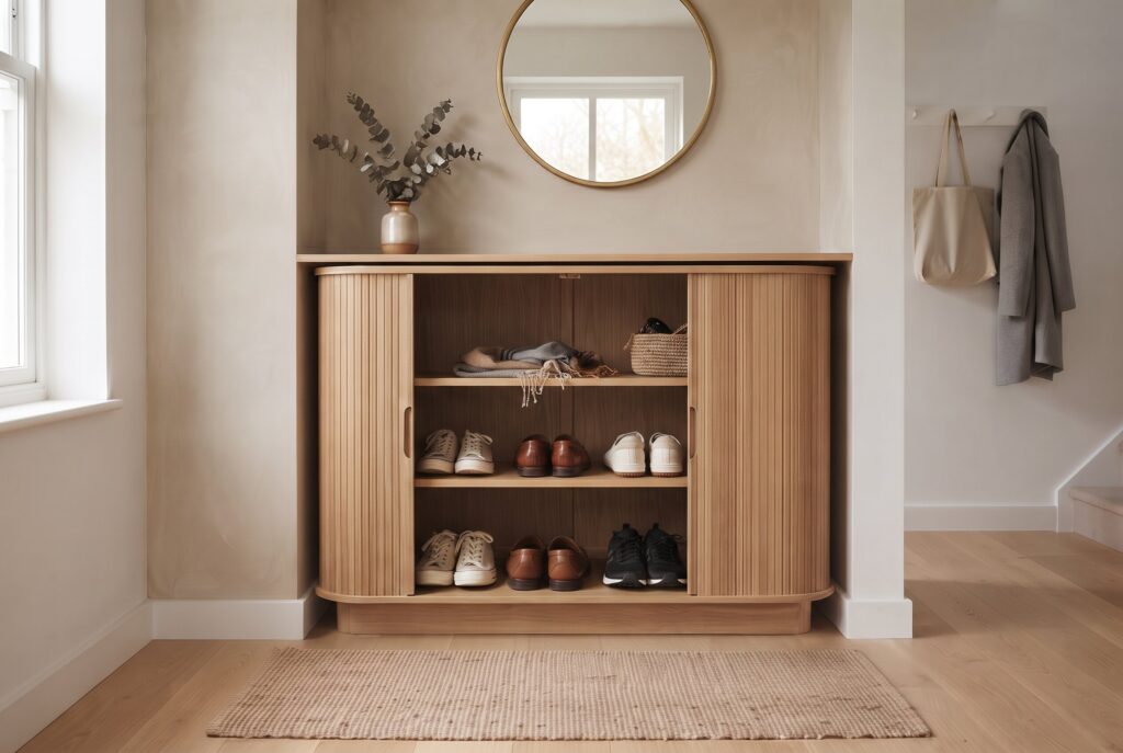 A console cabinet with tambour slatted wooden doors in a minimalist hallway with a round mirror.