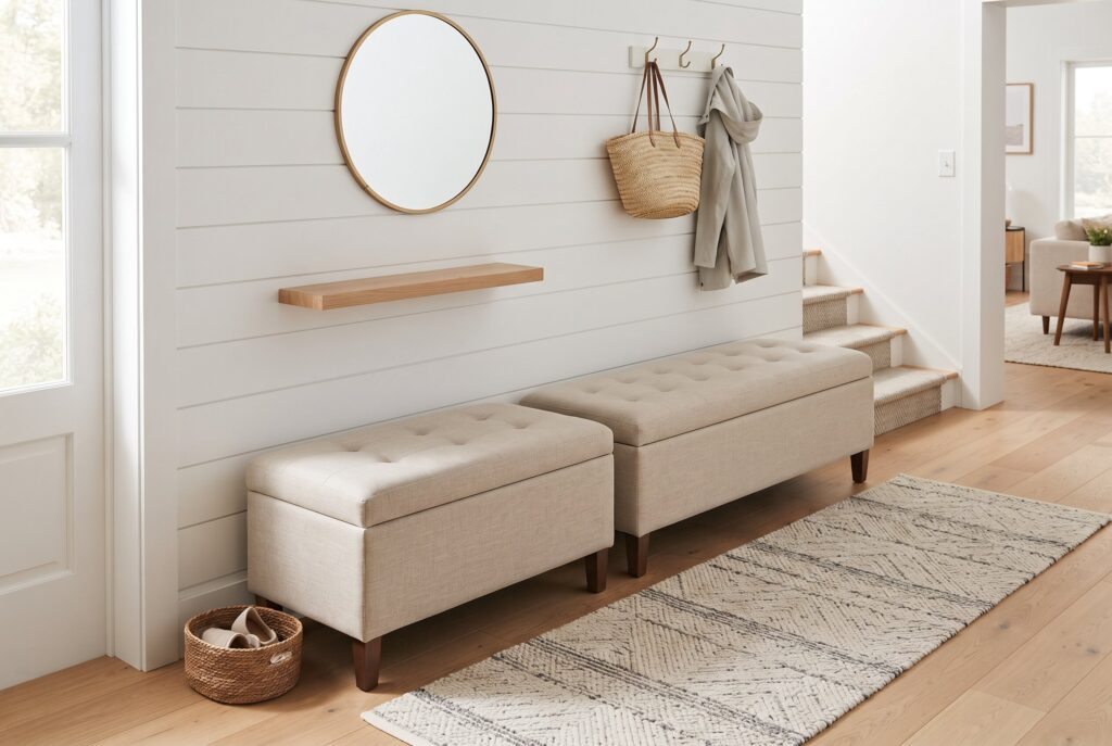 Two beige upholstered storage ottomans placed side-by-side in a hallway. 