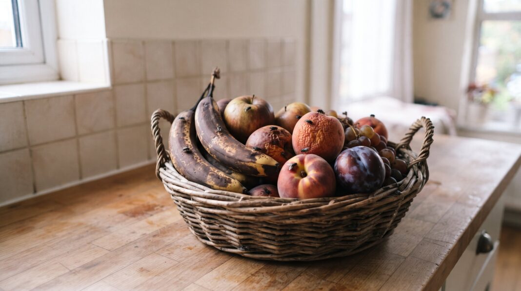 A wicker basket filled with overripe fruit sits on a wooden kitchen counter.