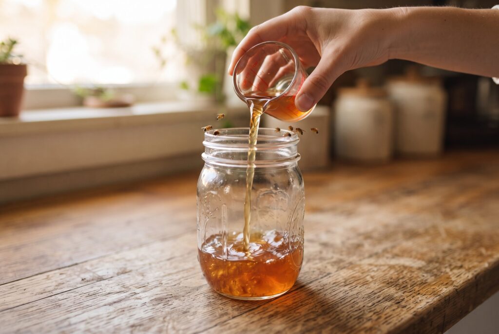 A hand pouring apple cider vinegar into a mason jar to create a fruit fly trap.