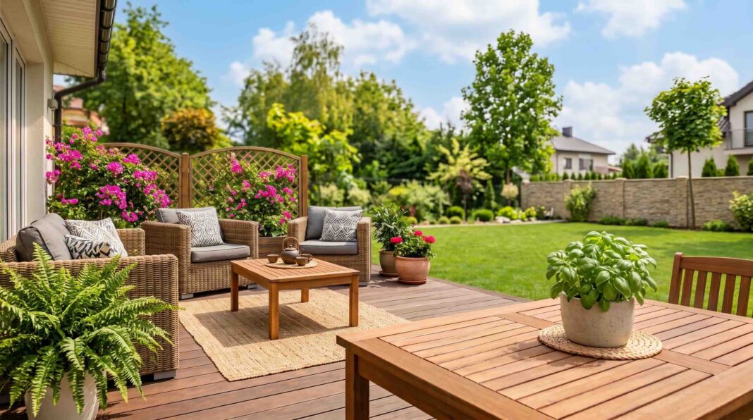 A clean, bug-free outdoor patio showing how to get rid of flies outside.