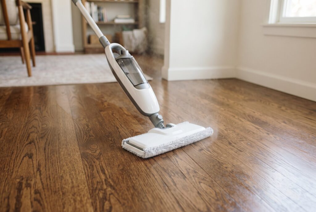 A steam mop being used to clean a section of hardwood flooring.