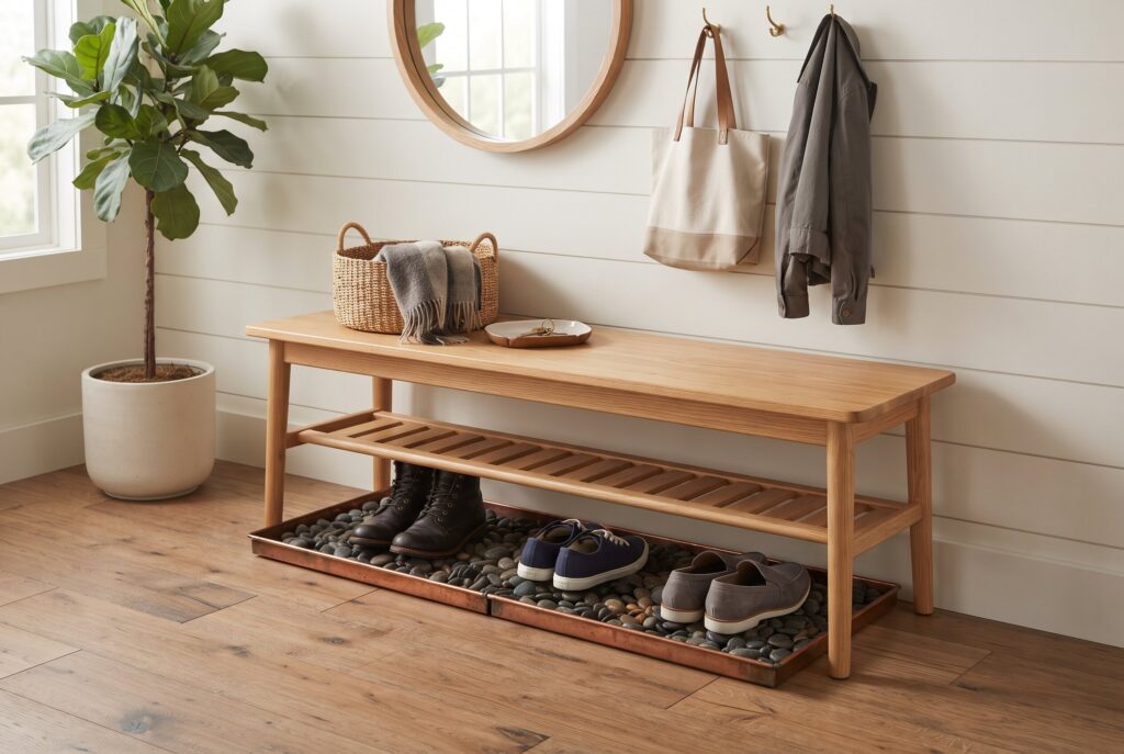 A light-wood entryway bench with a lower shelf holding two copper trays filled with pebbles for shoe drainage.