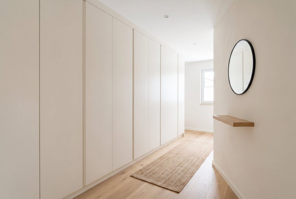 A modern floor-to-ceiling white cabinet in a bright, narrow hallway with a mirror. 