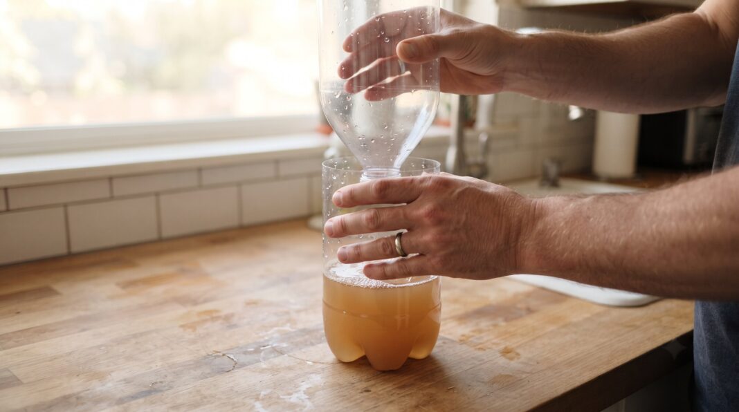 Person assembling a DIY fly trap with a bottle and liquid.