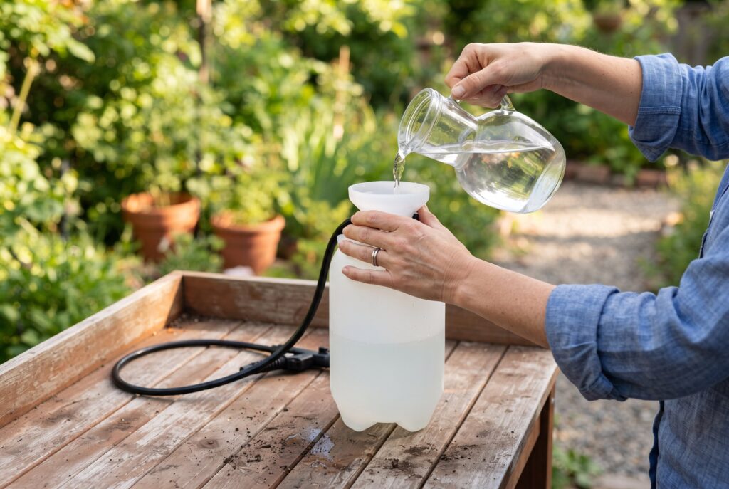 A person in a garden fills a pump sprayer with water from a glass pitcher.