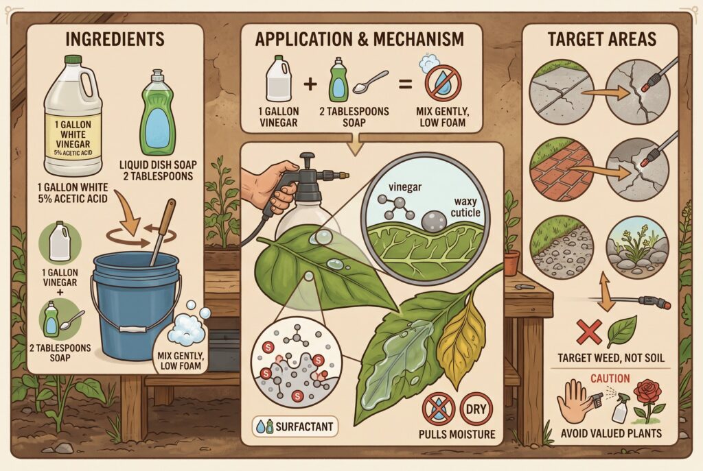 An infographic detailing the ingredients, application, and mechanism of a DIY vinegar and soap weed killer.