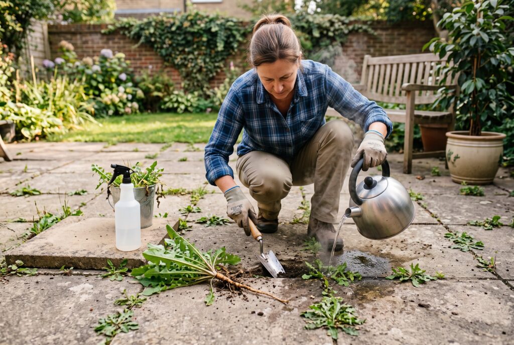 A person using a kettle to pour boiling water on weeds in patio cracks while kneeling on the ground.