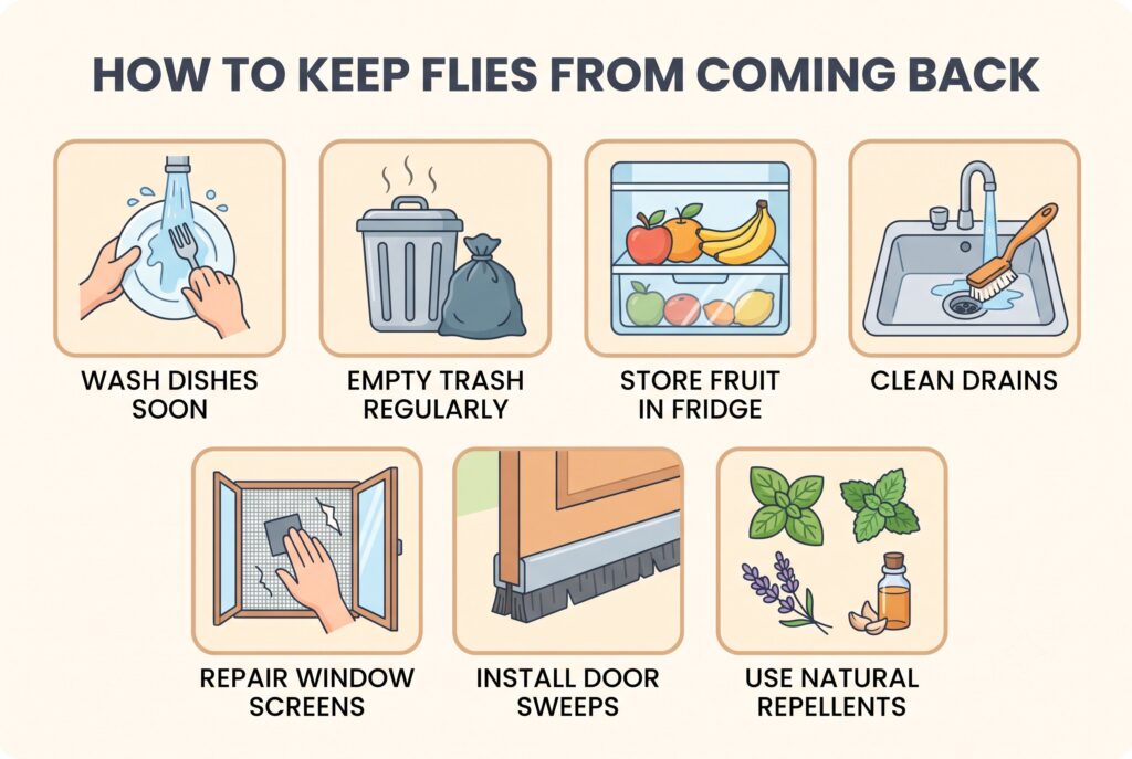 Infographic showing seven tips to prevent flies, including cleaning, sealing entry points, and using natural repellents. 