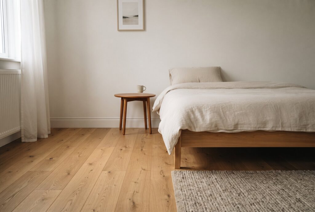A clean, minimalist bedroom featuring natural wood flooring and neutral bedding.