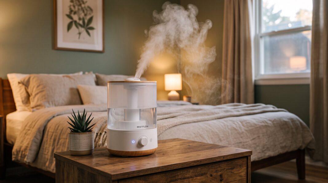 An ultrasonic humidifier on a wooden bedside table, emitting a gentle mist in a cozy bedroom.