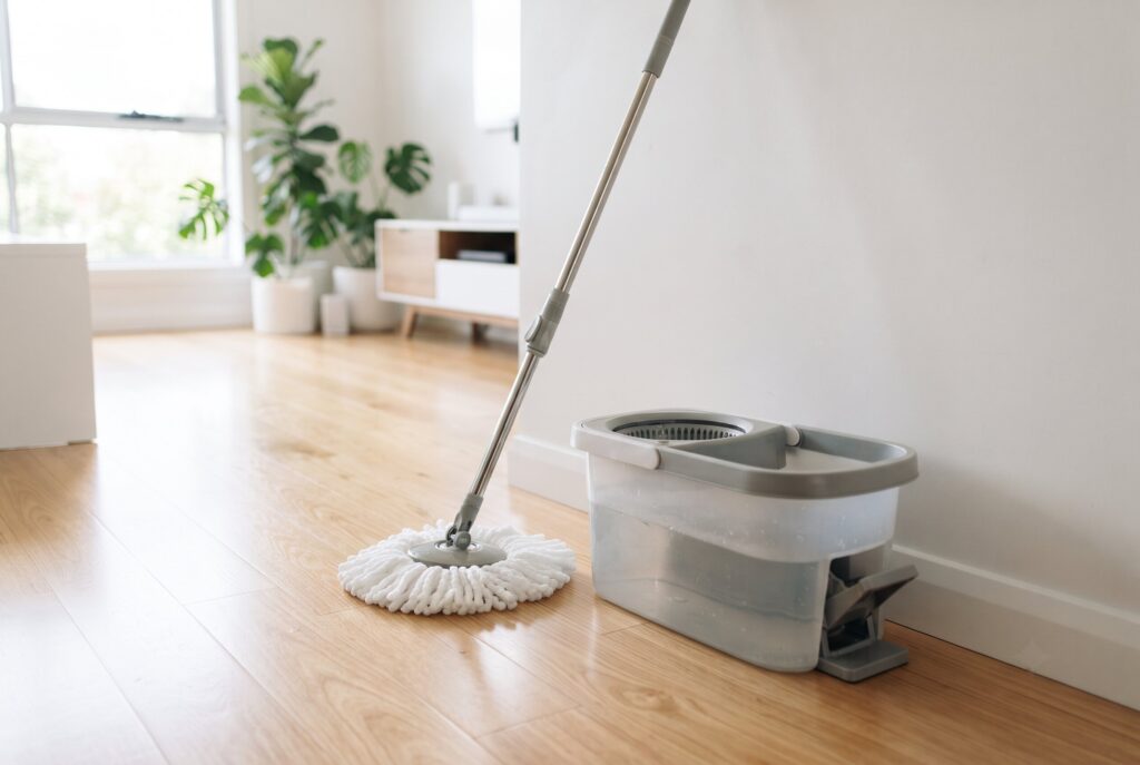 A spin mop and a bucket sitting on a hardwood floor in a brightly lit room.