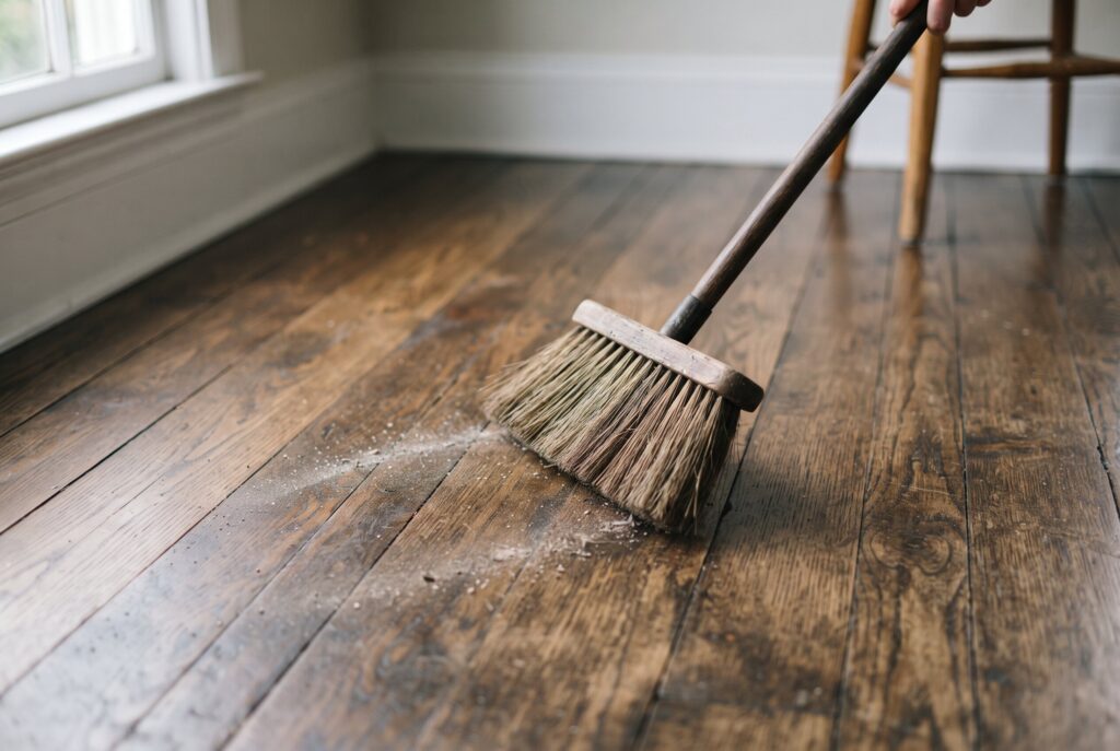 A person using a broom to sweep dust and debris off hardwood floorboards.