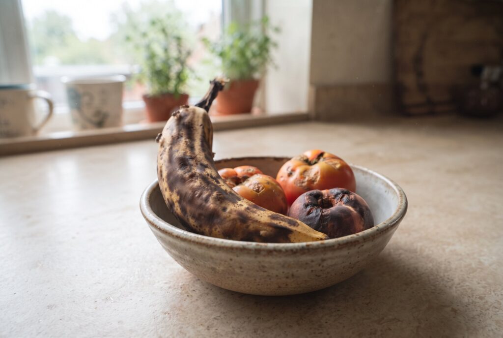 A bowl of overripe bananas and peaches on a kitchen counter with several fruit flies swarming above. 