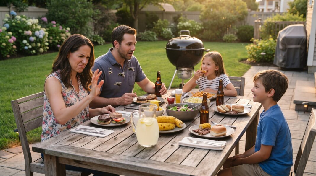A woman grimaces, waving her hand at several flying insects near the table.
