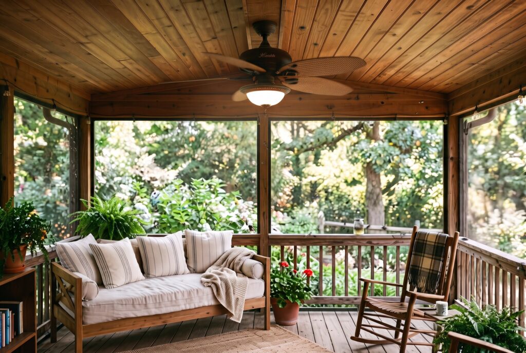 A covered wooden porch with a ceiling fan, furnished with a couch and chairs.