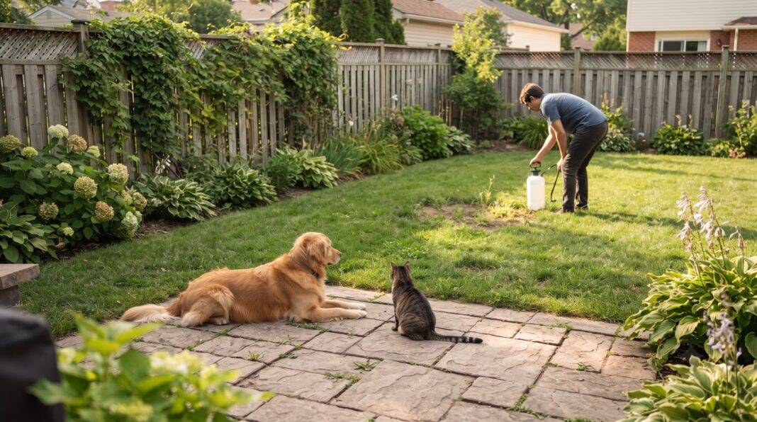 A person uses a pump sprayer in the distance as a dog and cat watch from a patio.