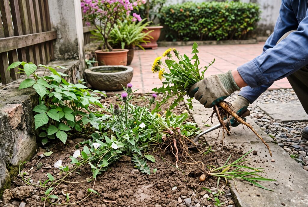 A person wearing gloves using a tool to manually pull a dandelion and its roots from the soil.