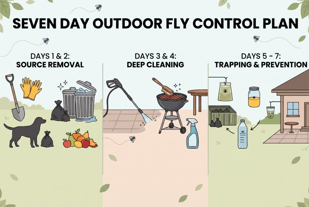 Infographic illustrating a seven-day outdoor fly control plan with steps for removal, cleaning, and prevention.
