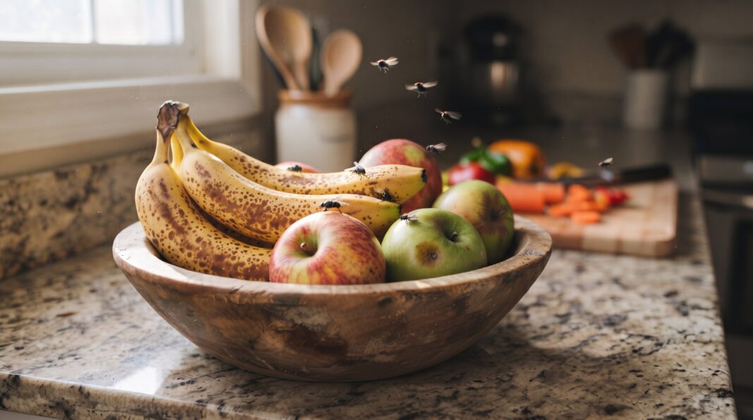 Flies swarm a wooden bowl of ripe bananas and apples on a granite kitchen counter with a window in the background.