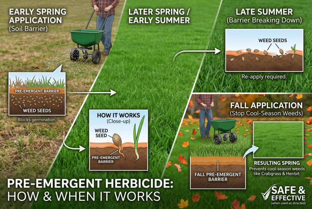 Infographic explaining how and when pre-emergent herbicide works across different seasons.