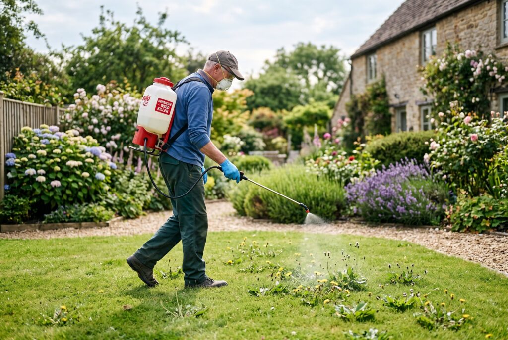 A man carrying a backpack sprayer while applying targeted selective weed killer to weeds on a lawn.
