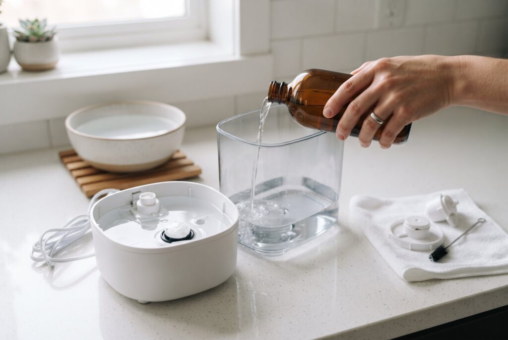 Hand pouring a cleaning solution into a humidifier tank on a minimalist kitchen counter.