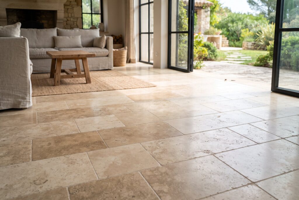 A close-up view of natural stone tiles with a textured, porous surface.