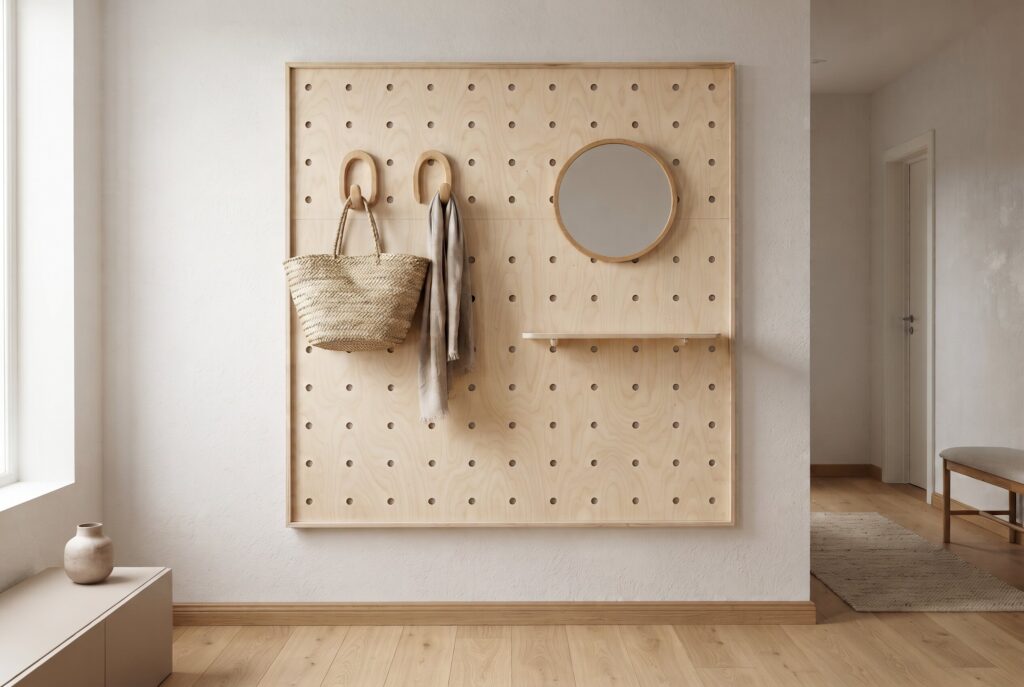 A light-wood pegboard wall with adjustable hooks, a small shelf, and a mirror. 