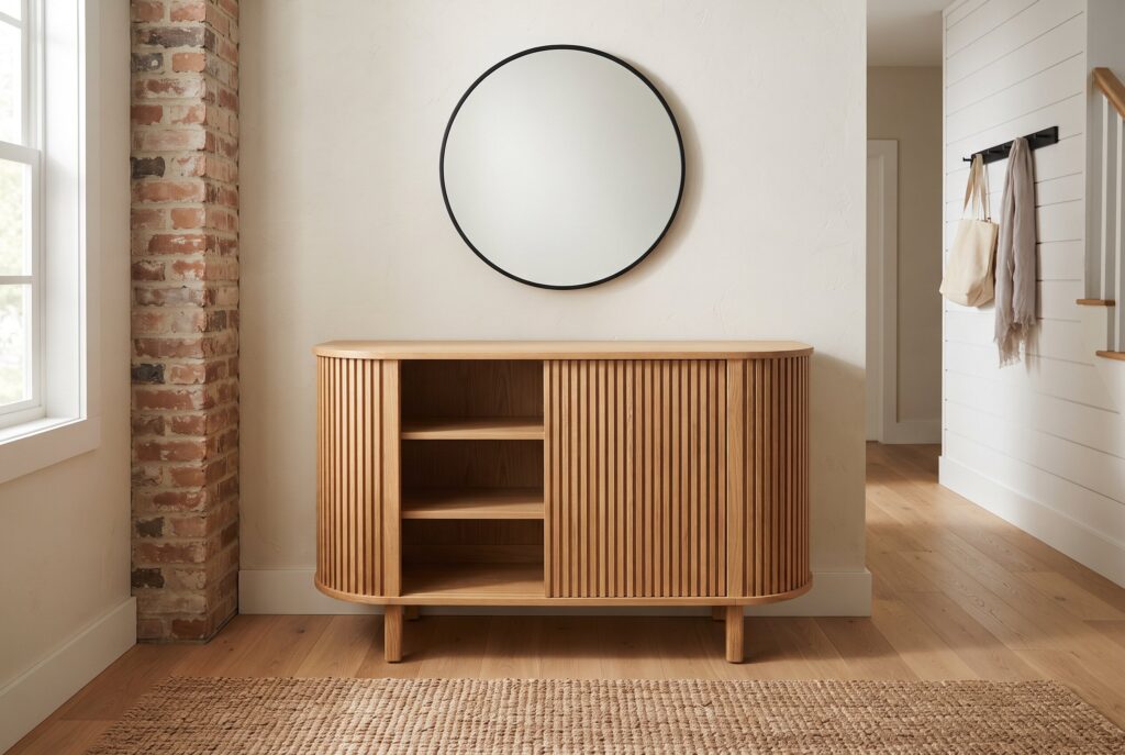 A light-wood console with slatted tambour sliding doors in a hallway. 