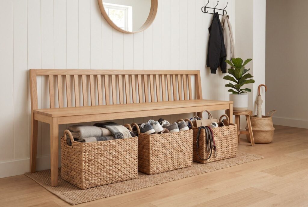 A long wooden entryway bench with three large woven baskets underneath filled with blankets and shoes.
