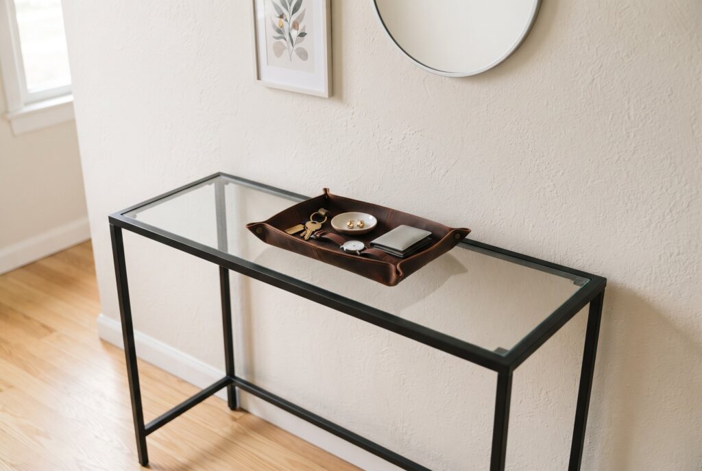 A glass-top metal console table holding a leather catch-all tray for small items. 